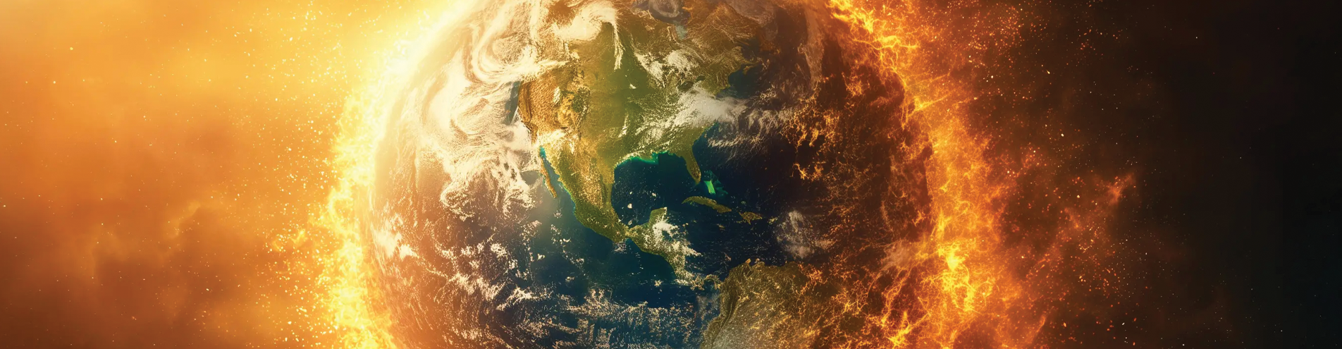 A dramatic view of Earth surrounded by flames, depicting a fiery atmosphere and highlighting the planet's surface and oceans.