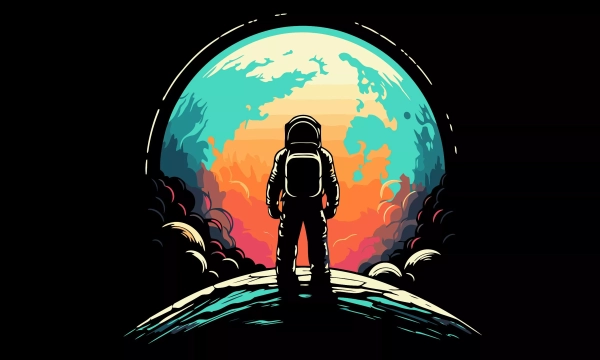 An astronaut stands on a rocky surface, gazing at a vibrant, colorful planet with swirls of blue and orange in the background.