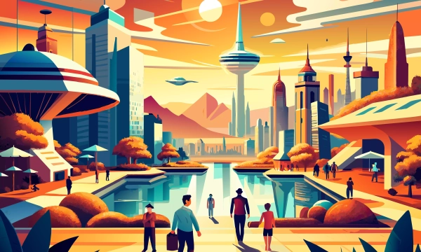 A vibrant, futuristic cityscape with sleek buildings, a central lake, and people walking. The scene is set against a colorful sunset, featuring flying vehicles and lush greenery.