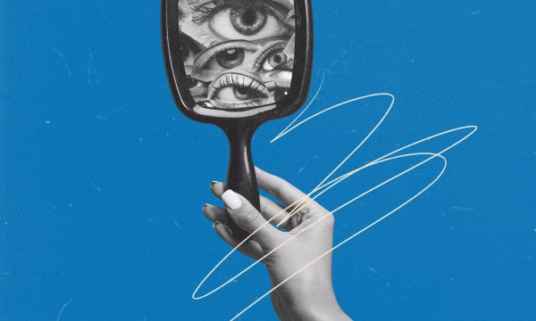 A hand holding a black mirror reflecting multiple eyes, set against a bold blue background with a white scribble design.