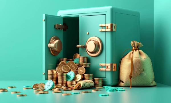 A teal safe with its door open, overflowing with gold coins and blue tokens, alongside a tan money bag on a matching surface.