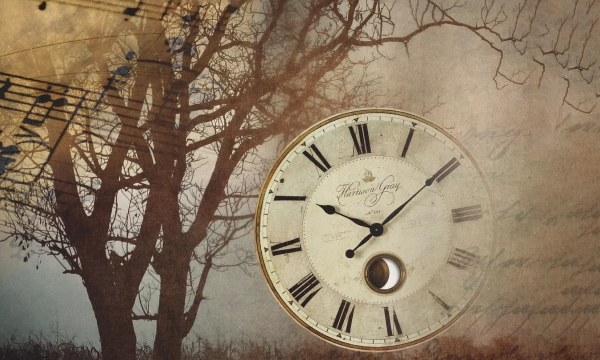 A vintage clock face overlaid on a faded tree silhouette and musical notes, evoking themes of time and nostalgia.