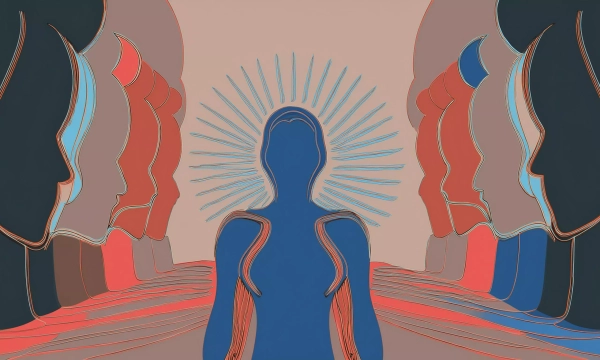 A stylized illustration of a silhouette of a person surrounded by abstract faces, radiating lines create a halo effect behind them in vibrant colors.