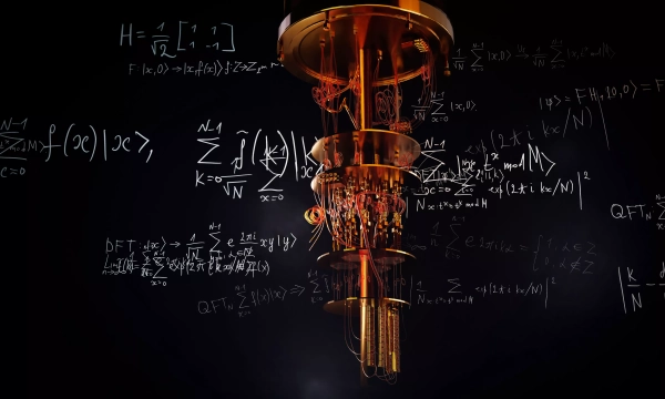 A stylized graphic of a quantum computer surrounded by intricate mathematical equations and symbols, representing advanced concepts in physics and computation.