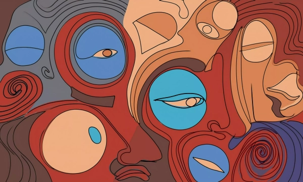 An abstract illustration featuring multiple stylized faces with vibrant colors, emphasizing circular shapes and contrasting eyes, creating a dynamic, expressive composition.