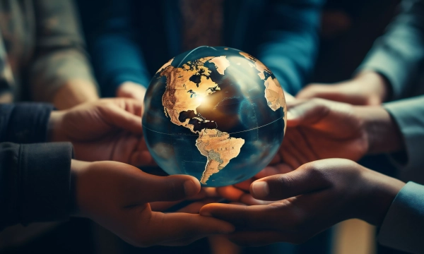 A group of diverse hands collectively hold a glowing, transparent globe, symbolizing unity and global cooperation.