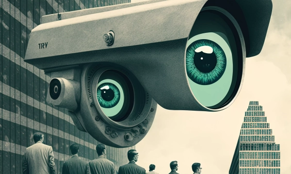 A surreal image of a large surveillance camera with human-like eyes overlooking a group of businessmen walking in a cityscape.