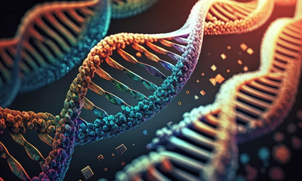 A colorful 3D representation of a DNA double helix, showcasing the intricate structure and molecular components of genetic material.
