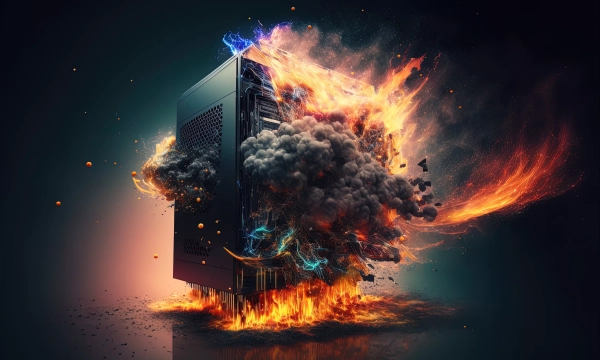 A computer tower exploding with orange flames and dark smoke, surrounded by bright blue and yellow energy bursts against a dark background.
