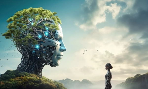 A futuristic humanoid figure made of metal and foliage stands in a scenic landscape, facing a woman, symbolizing the intersection of nature and technology.