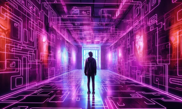 A lone figure stands in a futuristic corridor filled with glowing purple circuit-like patterns and vibrant lighting, creating a digital, immersive atmosphere.