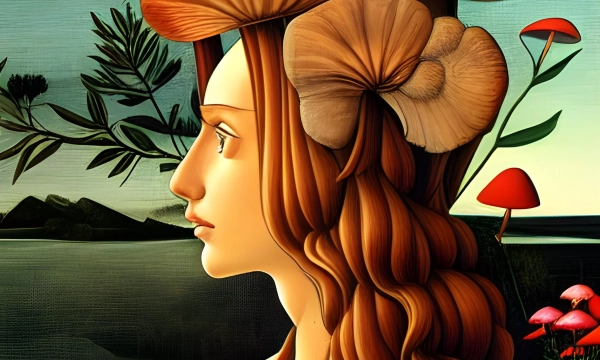 A side profile of a woman with flowing hair adorned with various mushrooms and plants, set against a serene landscape featuring water and distant mountains.
