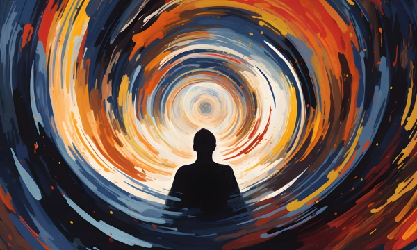 A silhouetted figure stands in a swirling vortex of vibrant colors, representing a journey through a cosmic or spiritual landscape.