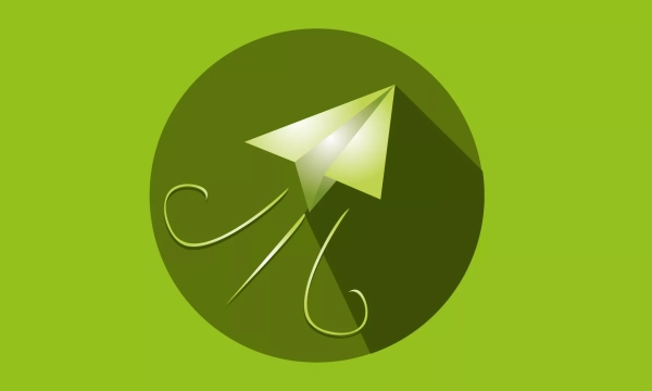 A minimalist green logo featuring a stylized paper kite design against a circular background, emphasizing a playful and modern aesthetic.
