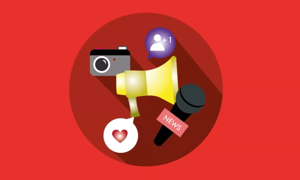 An illustration featuring a megaphone, a camera, a microphone, and icons representing social media engagement, set against a bright red background.