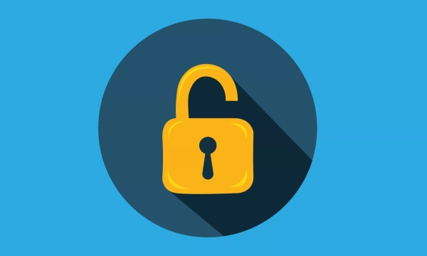 A yellow open padlock icon set against a blue circular background, symbolizing security and access.