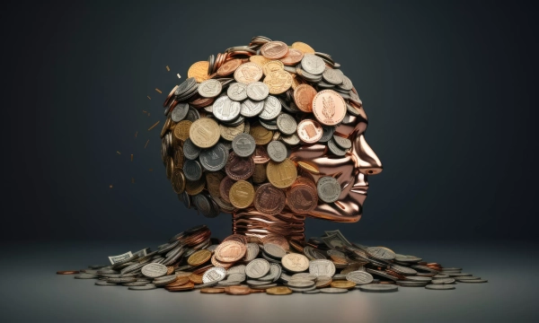 A sculpture depicting a human head made of coins and currency, symbolizing wealth and the influence of money on thought and identity.
