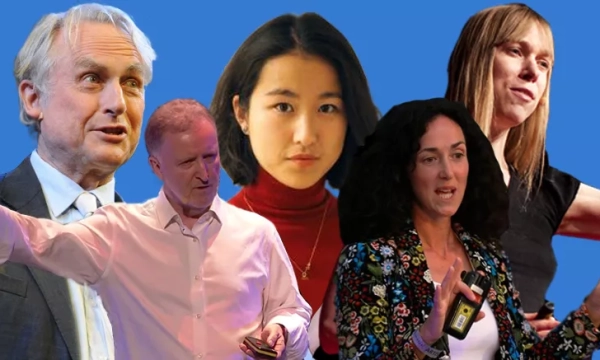 A collage of five diverse individuals, including a male speaker gesturing, a woman with long hair, and a woman with short hair, set against a blue background.
