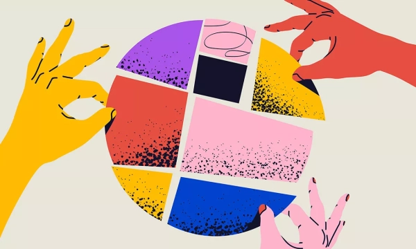 An abstract illustration featuring colorful geometric shapes, with various hands in different skin tones interacting with the pieces, suggesting collaboration and creativity.