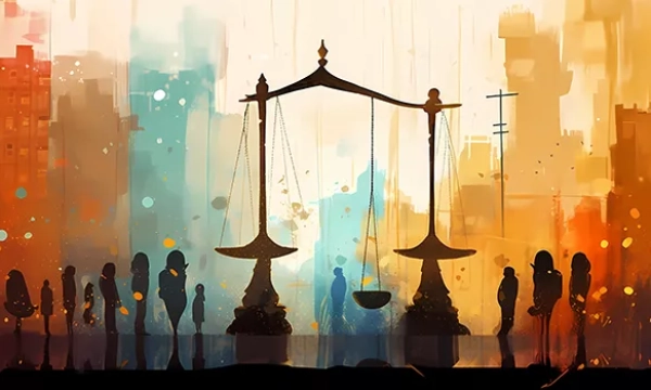 Silhouetted figures stand in line before a large, abstract scale of justice, set against a colorful urban backdrop.