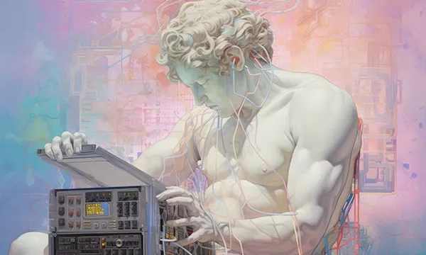 A modern interpretation of a classical statue, depicting a muscular figure engaged with technology, surrounded by colorful abstract patterns and wires.