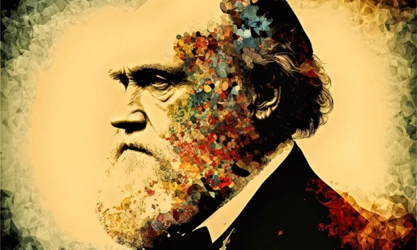 Artistic portrait of Charles Darwin, featuring a colorful, abstract design incorporating elements of his profile and beard against a warm background.
