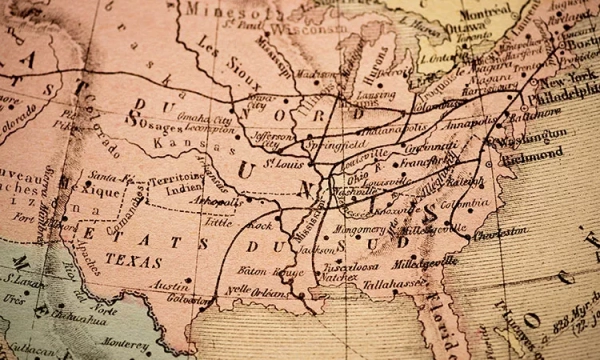 A vintage map of the Southern United States, highlighting locations like Texas, Arkansas, Louisiana, and Mississippi with intricate detailing and historical place names.
