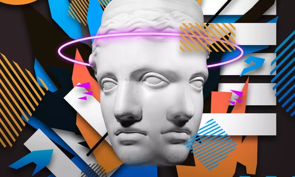 A stylized sculpture of a multi-faced head is set against a vibrant, abstract background featuring geometric shapes and bright colors.