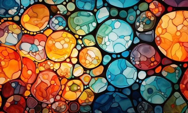 Colorful abstract circles with swirling patterns and vibrant hues of orange, blue, green, and yellow against a dark background.