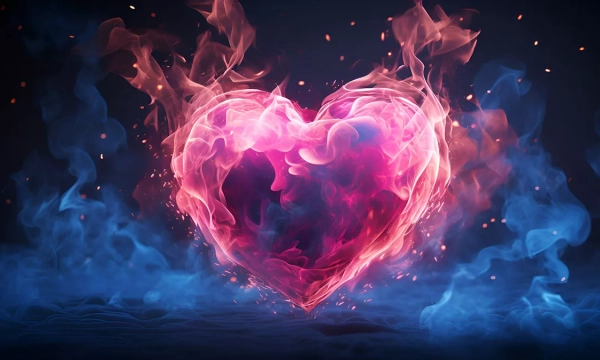 A vibrant, glowing heart made of swirling pink and purple smoke, surrounded by ethereal blue wisps and sparks, creating a mystical and passionate atmosphere.