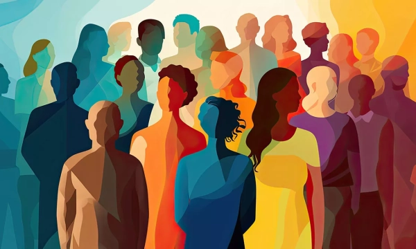 A colorful illustration of diverse silhouettes of people, representing unity and inclusivity amidst varying shades and forms.