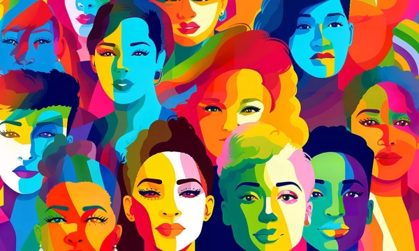 A vibrant, abstract illustration featuring the faces of diverse women in bold colors, celebrating individuality and unity through artistic expression.