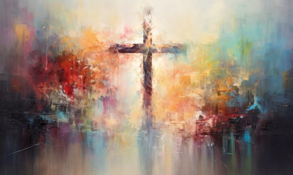 An abstract painting featuring a prominent cross at the center, surrounded by a vibrant, colorful background of warm and cool hues.