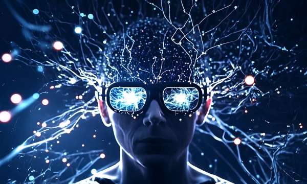 A futuristic figure with glasses, surrounded by glowing neural patterns and interconnected nodes, symbolizing the intersection of technology and human consciousness.