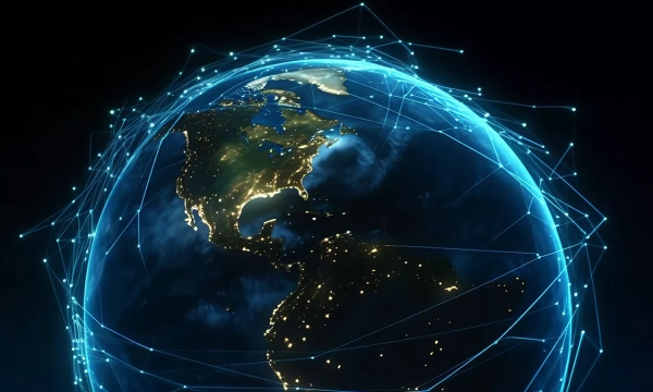 A glowing digital globe showcasing North America, interconnected by lines of light representing data flow and connectivity in a modern, technological world.