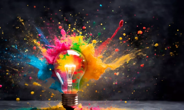 A light bulb surrounded by vibrant splashes of blue, yellow, red, and green paint, symbolizing creativity and innovation against a dark background.