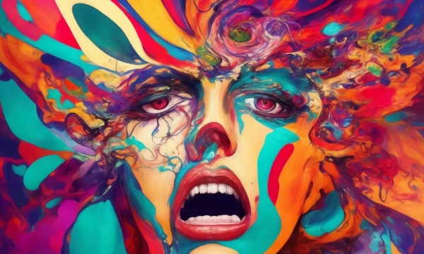 A vibrant abstract portrait featuring a distorted face with flowing colors, expressing intense emotion through vivid hues of red, blue, yellow, and green.