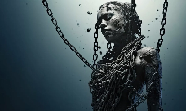 A dark, ethereal sculpture of a figure bound by chains, surrounded by floating debris, conveying themes of entrapment and struggle.
