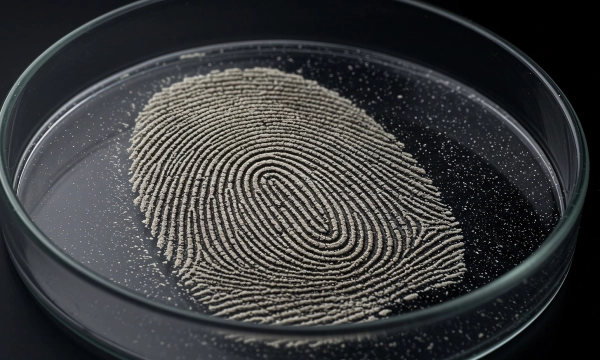 A close-up of a petri dish containing a fingerprint pattern created with fine powder, showcasing intricate details of the ridge structure against a black background.