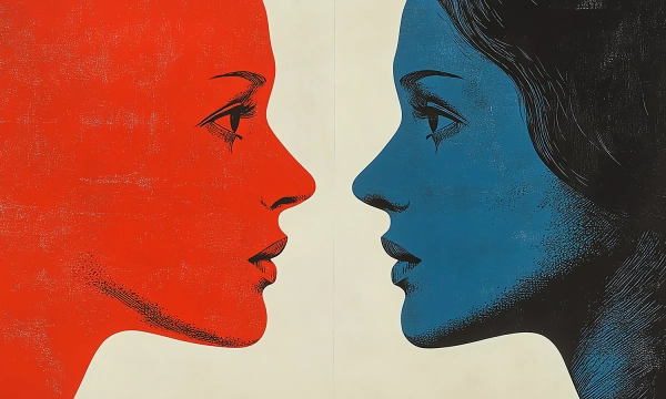 Split image of two female profiles facing each other; one side is red and the other is blue, emphasizing contrast and duality.