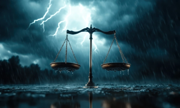 A vintage balance scale stands in a rain-soaked environment under a stormy sky, with lightning illuminating the dark clouds.