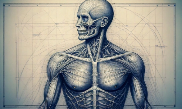 A detailed anatomical illustration of a human figure, showcasing the skeletal and muscular structure with interconnected lines and measurements, emphasizing human anatomy.
