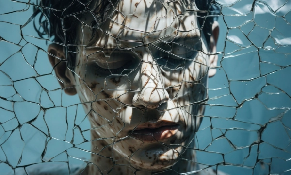 A close-up of a person's face partially obscured by cracked and fragmented glass, creating an eerie and surreal visual effect.