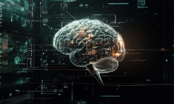 A digital illustration of a human brain glowing with holographic circuitry, set against a dark, high-tech background filled with abstract data patterns.