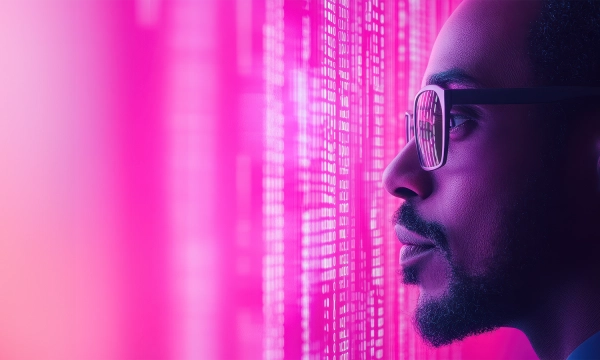 A side profile of a man wearing glasses, looking thoughtfully at a glowing pink digital backdrop displaying binary code.