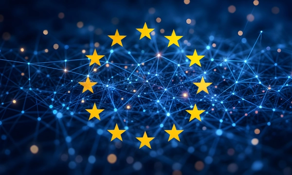 A digital representation of the European Union flag, featuring a circle of yellow stars on a blue background, surrounded by a network of interconnected lines and dots.