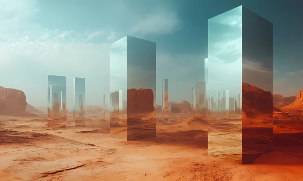 A surreal desert landscape with towering reflective glass structures rising from the reddish terrain, under a cloudy blue sky.