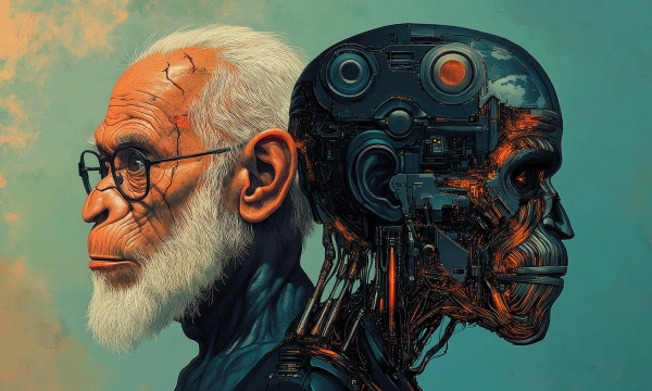 A juxtaposition of an elderly man with a beard and glasses alongside a robotic head, illustrating the contrast between humanity and technology.