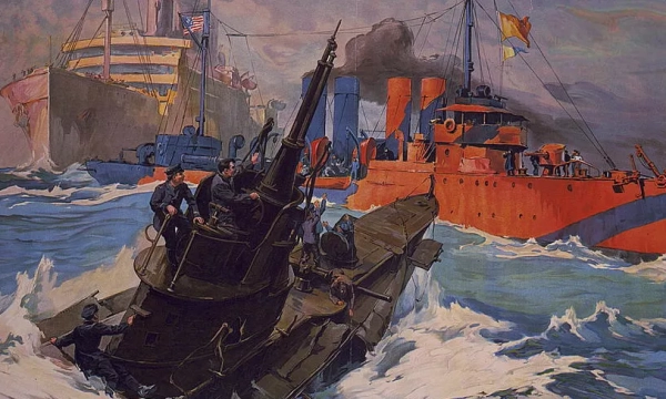 A colorful illustration depicting two ships in turbulent waters, with a submarine in the foreground and a larger vessel in the background, showcasing naval activity.