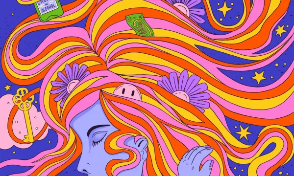 A vibrant illustration of a woman with flowing, colorful hair adorned with flowers, money, and keys, set against a starry purple background.